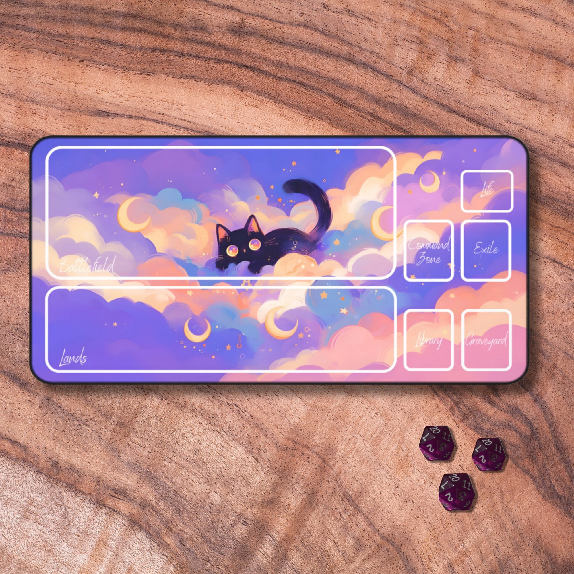 MTGプレイマット 猫、かわいい紫色のTCGプレイマット、ゾーン付きMTG