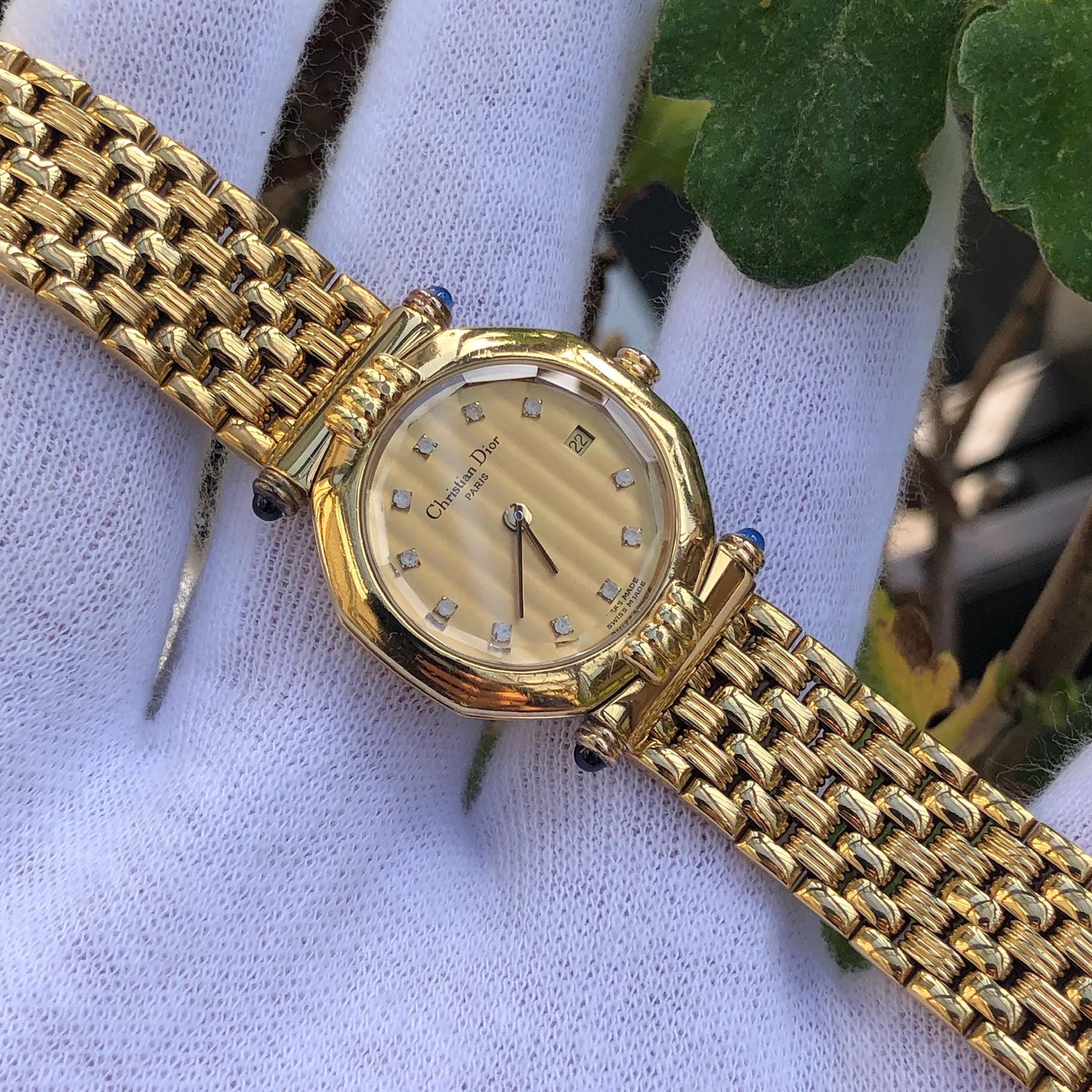 RARE Christian Dior Octagon Gold Plated Diamond Hour Marker Lady's