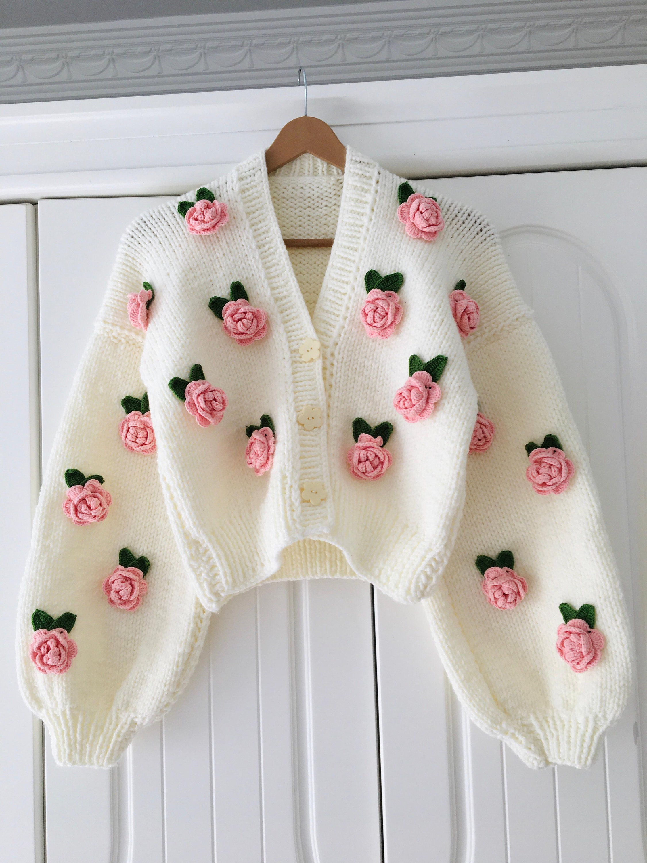 Handmade Pink Roses Cardigan: Floral Chunky Knit Crop Top - Etsy