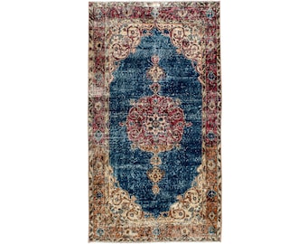 ヴィンテージ トルコ製エリアラグ - 3x7 ネイビーブルー フローラル