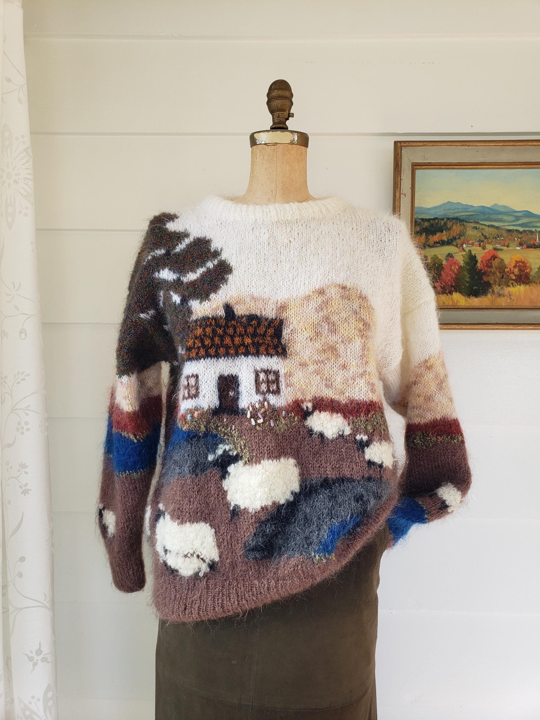 80s Selina Knitwear Sheep and Cottage Mohair Sweater - Etsy