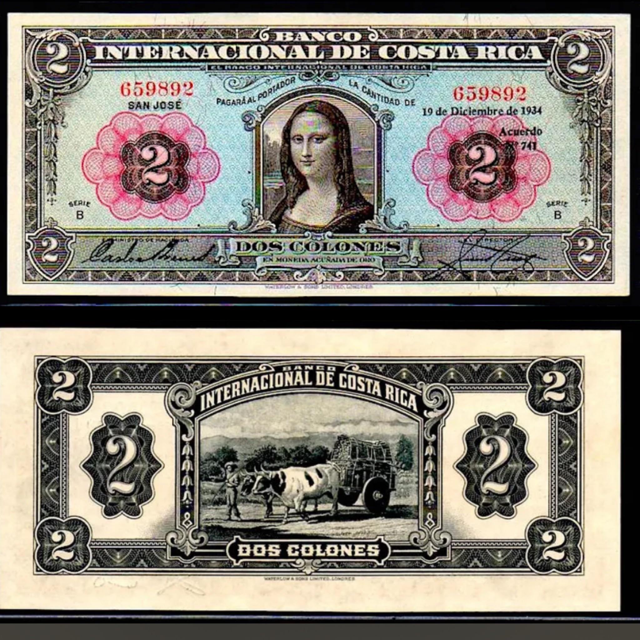 コスタリカの「モナ・リザ」紙幣。1931年から1936年の間に印刷。なんて