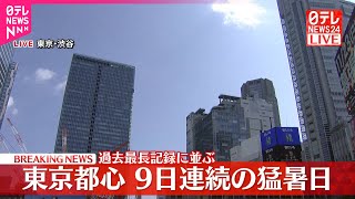 速報】東京都心、9日連続の猛暑日 3年前の過去最長記録に並ぶ - YouTube