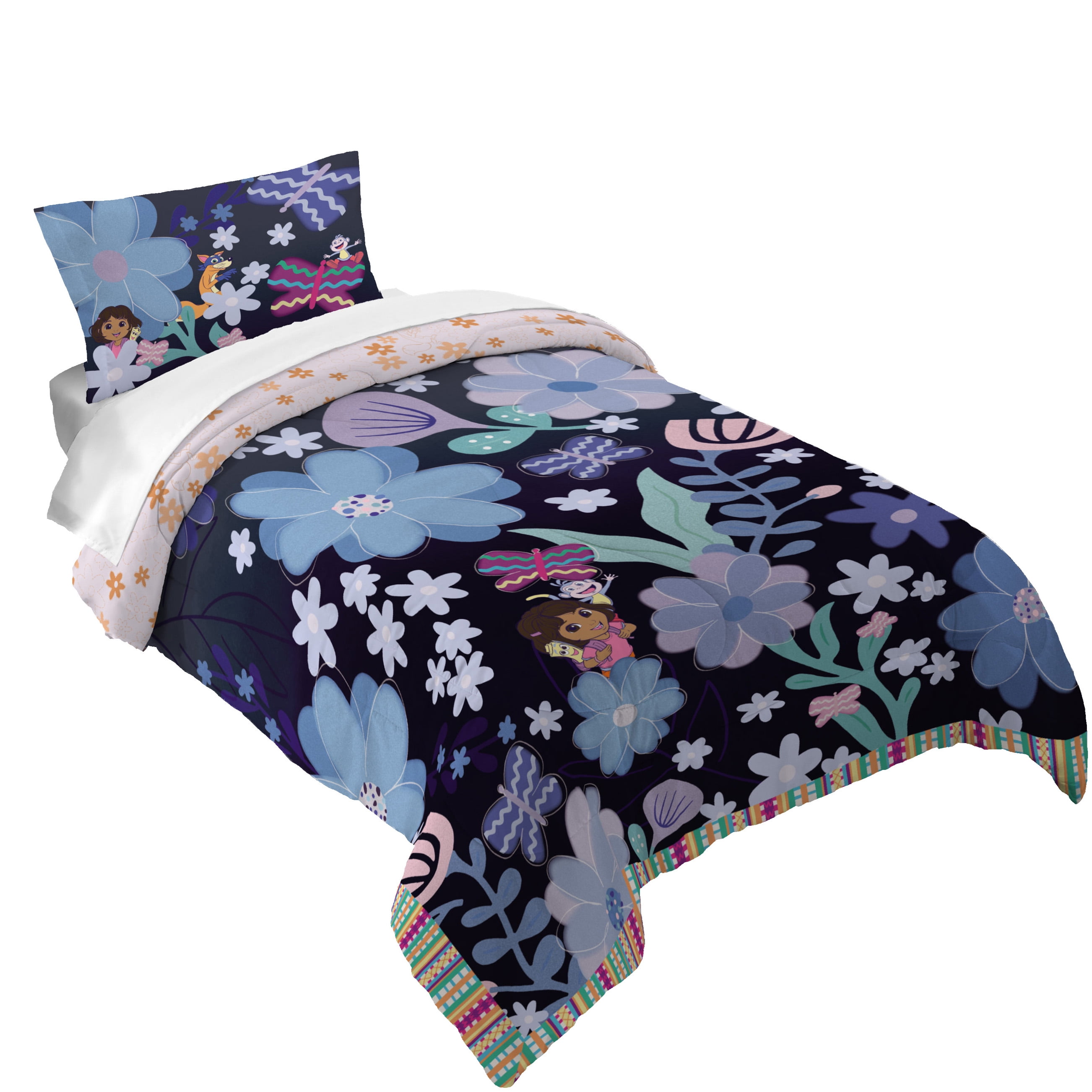 Dora Kids 2 Piece Blue Pink Floral Reversible Comforter and
