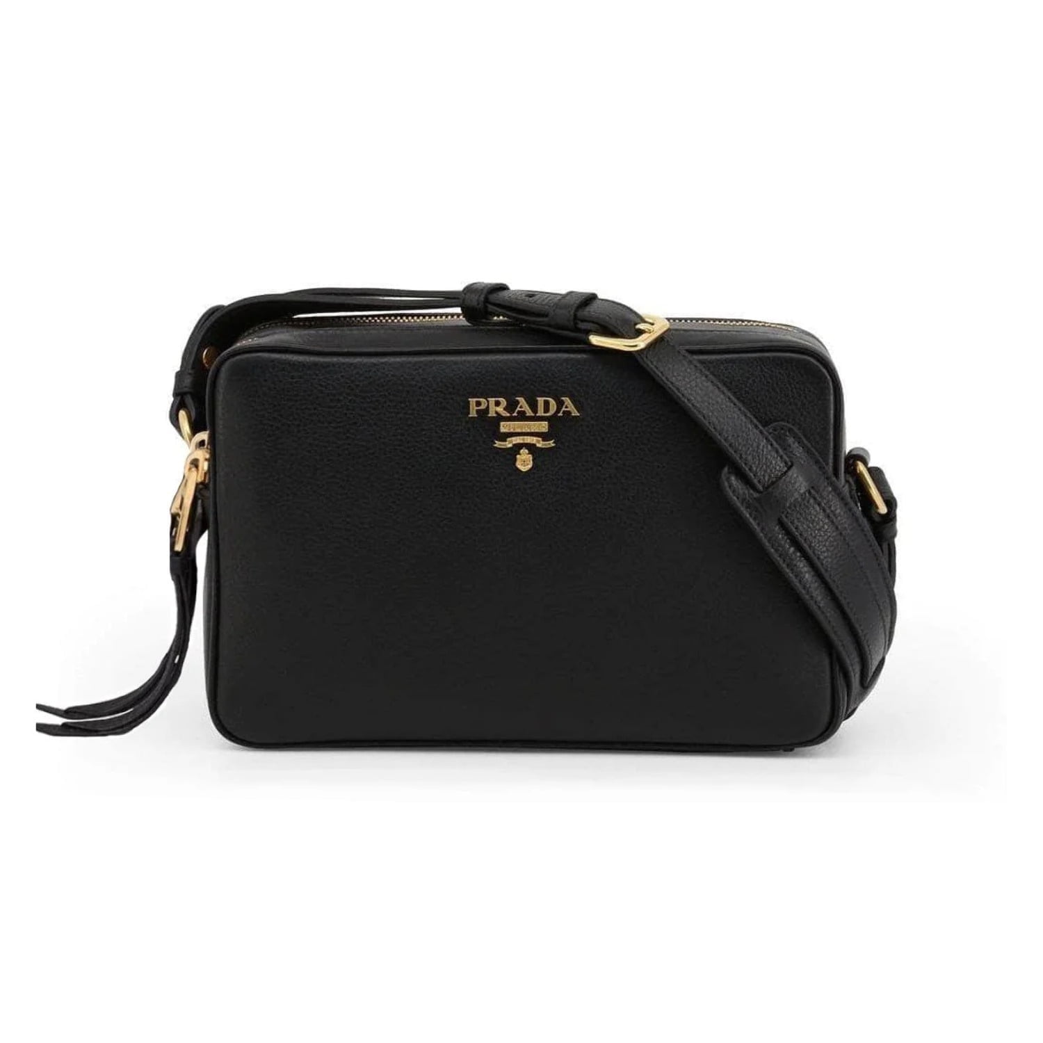 New Prada Black Vitello Phenix Leather Double Zip Cross Body Bag