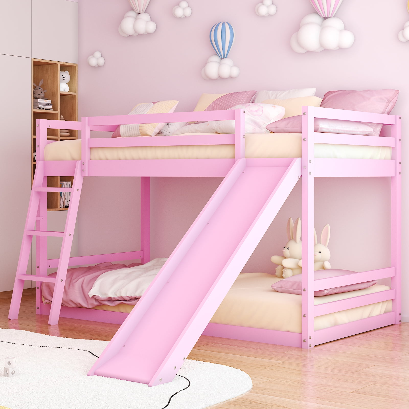 Zimtown Bunk Bed Twin Over Twin, Pink Pine Wood Frame with Slide