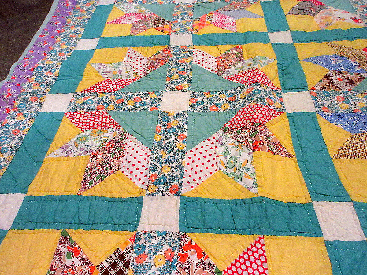 ビンテージ40's○パッチワークキルトファブリック約210cm×約176cm