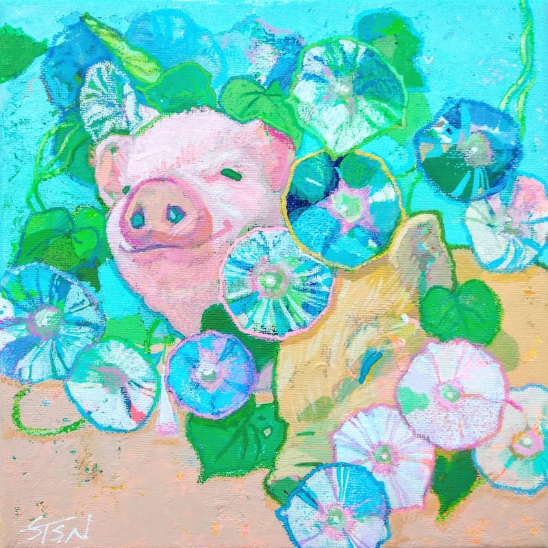 油絵 専用 花壇から顔を出した赤ちゃんぶた 油絵 専用 花壇から顔を出