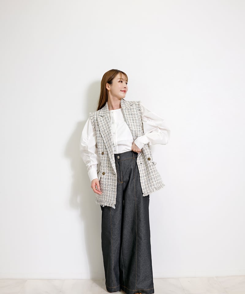ミックス ツイード フリンジヘム ダブルブレスト ジレ CH_hdmn | CH_hdmn