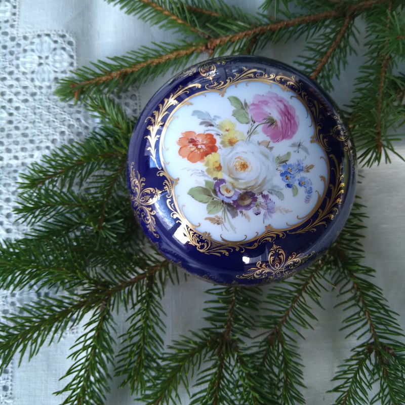 1924年以前Meissenマイセンコバルト/金彩/ドイツフラワーのボンボ