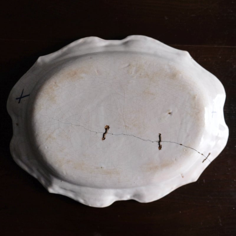 Moustiers ムスティエ 鎹 修繕 花リム オーバル皿 楕円皿 フランス