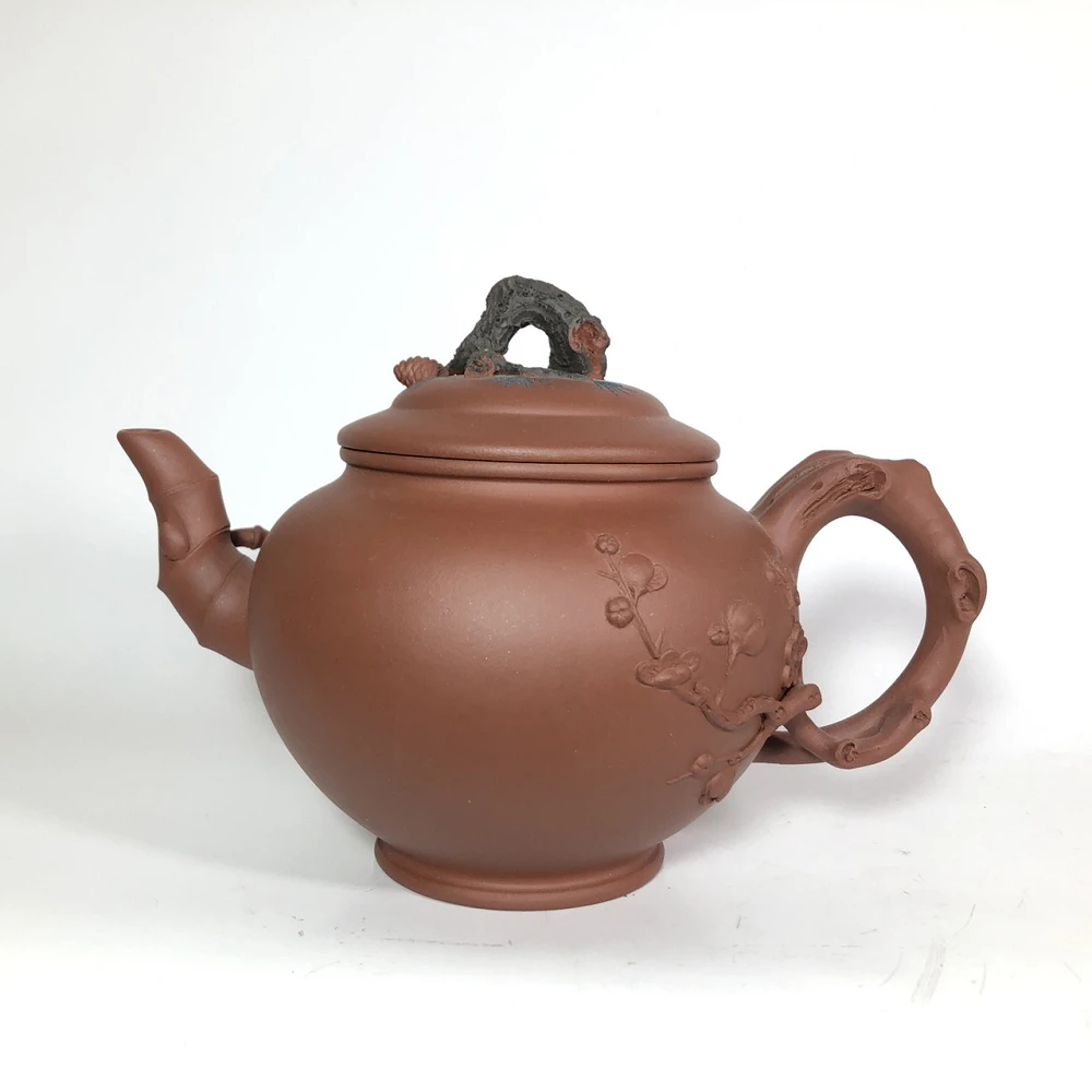 朱泥急須 漢詩山水紋刻 後手急須 煎茶道具 紫砂壷 茶壺 茶器 唐物 紫砂