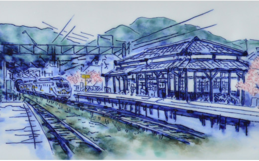 有田焼 線刻陶額「桜の咲く頃~上有田駅の春~」【聡窯 辻聡彦】陶磁器