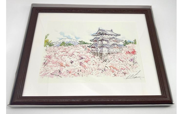 寄附金額見直しました】弘前城と岩木山の複製画イラスト1枚（額縁付き
