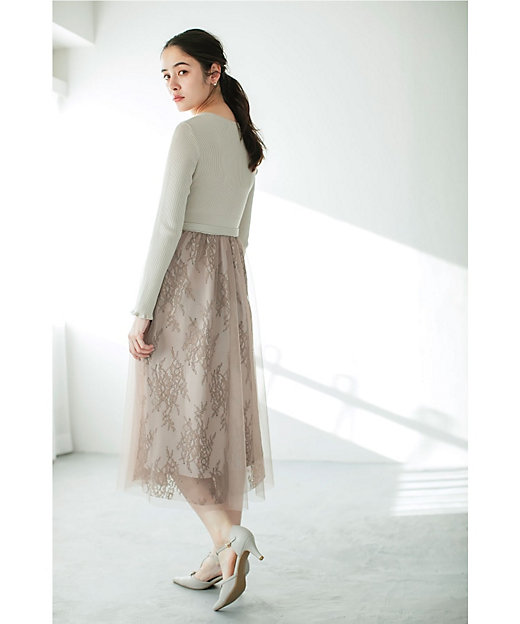 チュールレーススカートドッキングワンピース【洗濯機洗い可