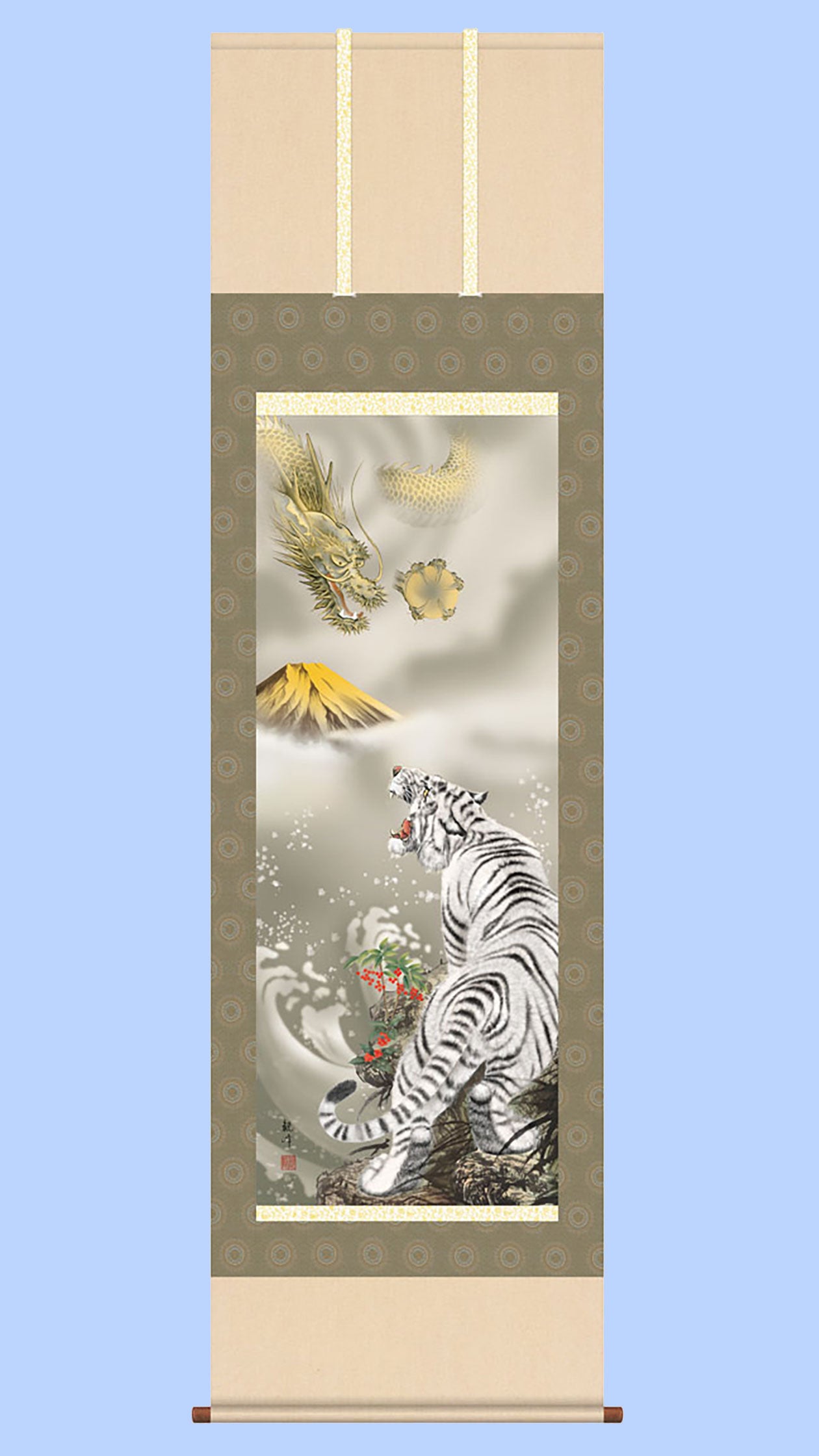 縁起画掛け軸 金運龍虎霊峰図 山村観峰 – 寿鳳人形の東芸
