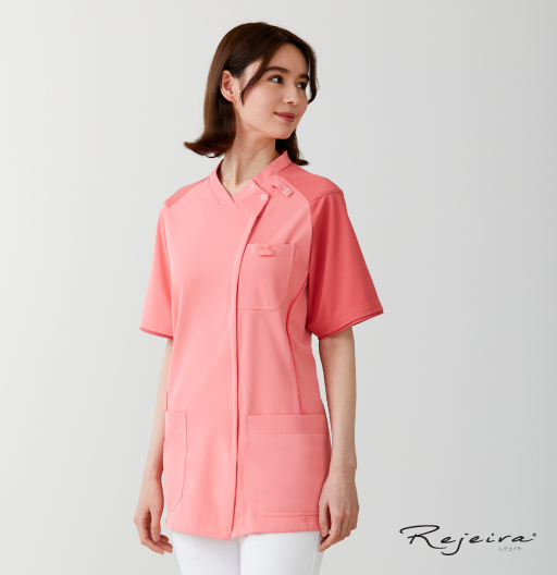 KZN713スクラブジャケット半袖（男女兼用）(コーラルピンク×オレンジ