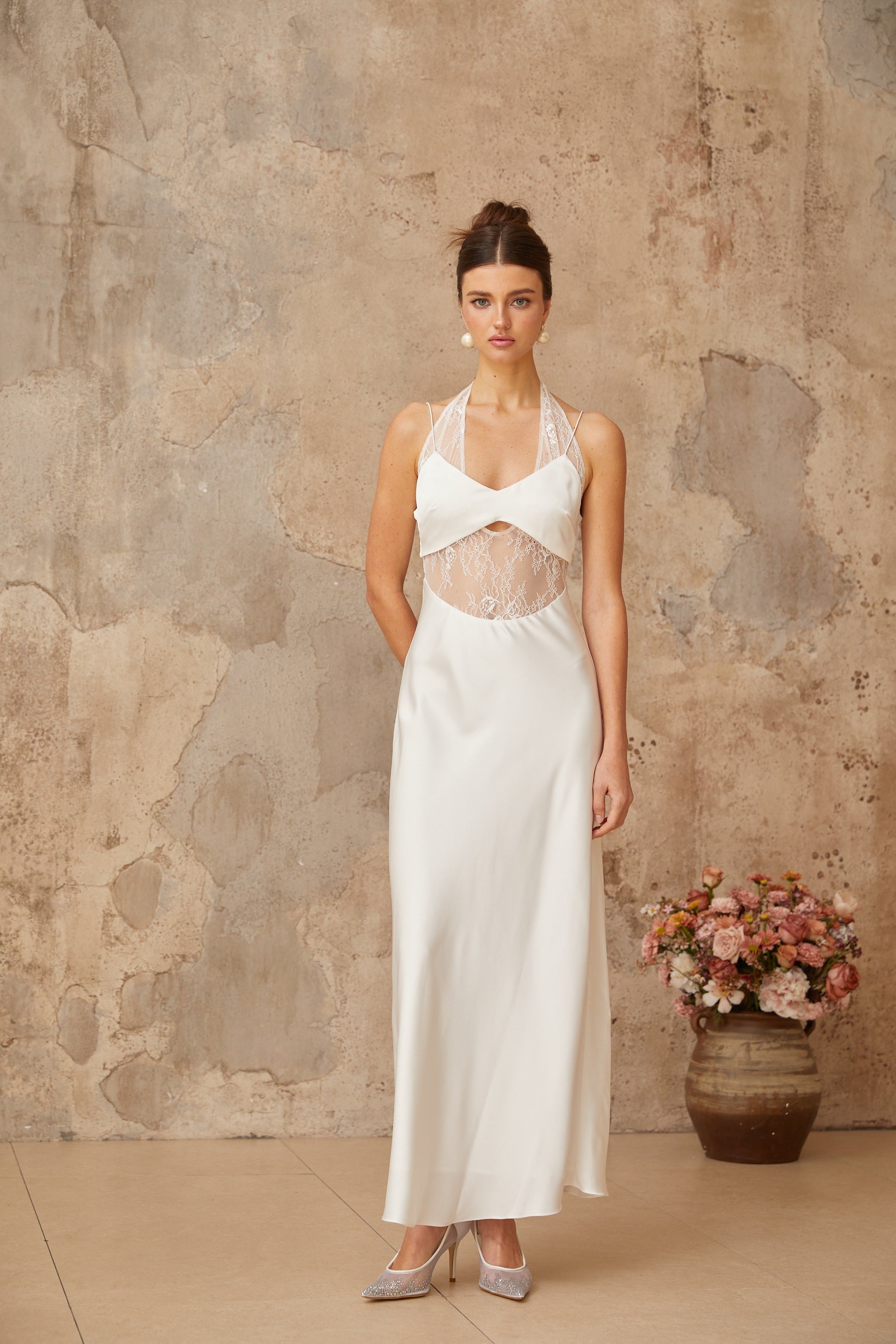 Blanche white lace-panel satin maxi dress