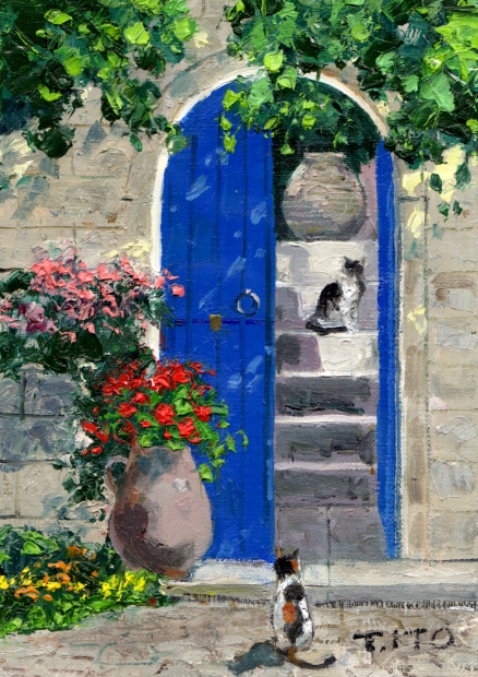 猫の絵画を油絵で描いた伊東拓実の猫の絵「青い扉と2匹の猫」をご購入