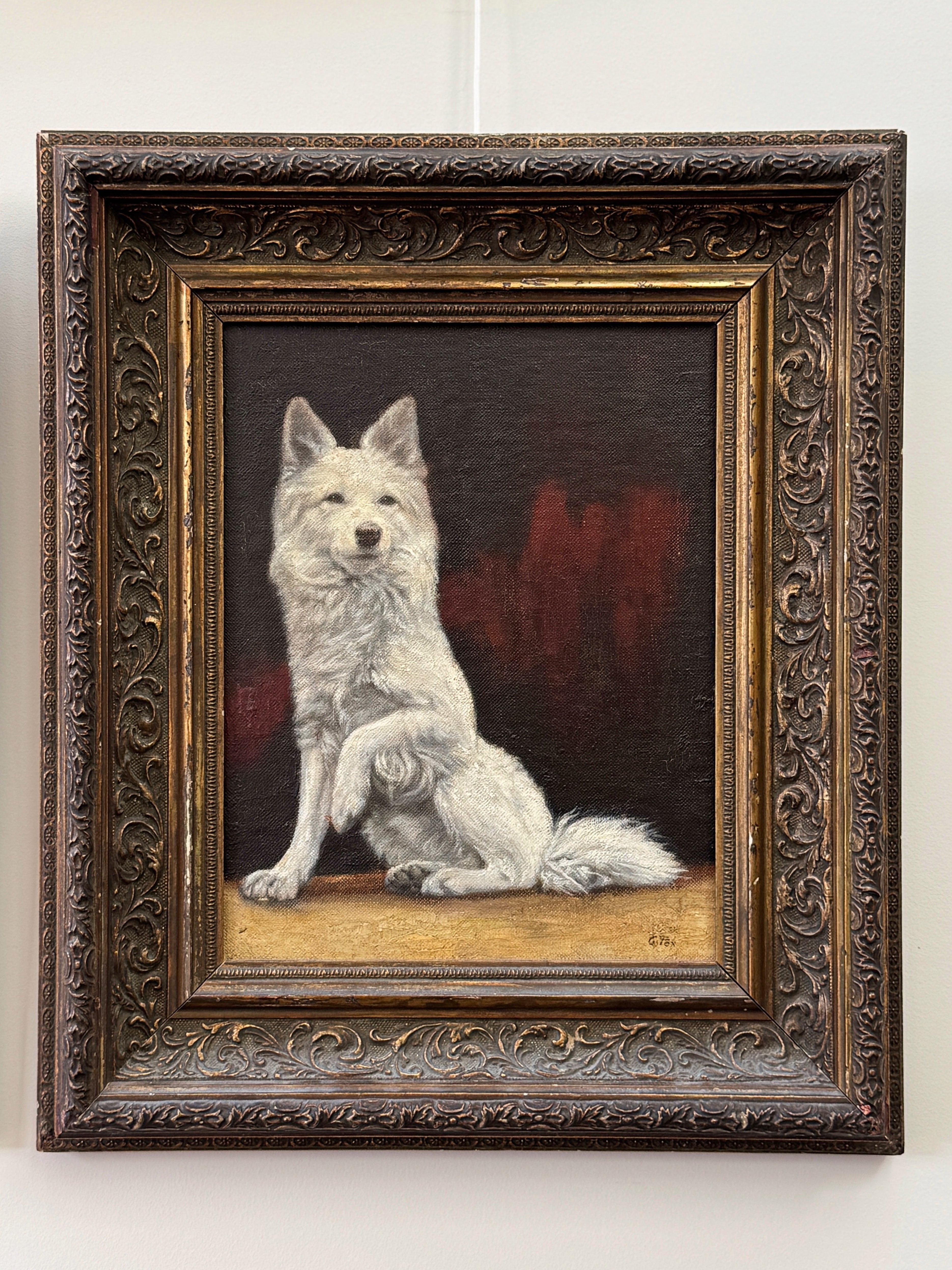 アンティーク油彩画 白い犬 | G.B. Fox サイン | 華やかな装飾額装