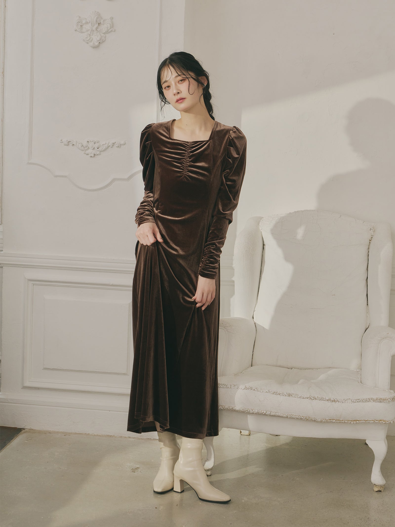 フロントギャザーベロアワンピース