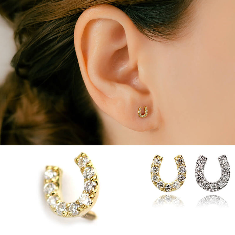 馬蹄のボディピアス│K18 軟骨ピアス│ダイヤモンドの馬蹄（ホース