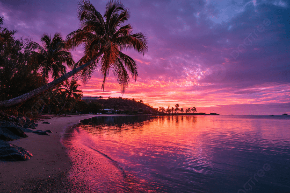 穏やかな海に反映されている空に鮮やかな紫とピンクの色合いのある熱帯