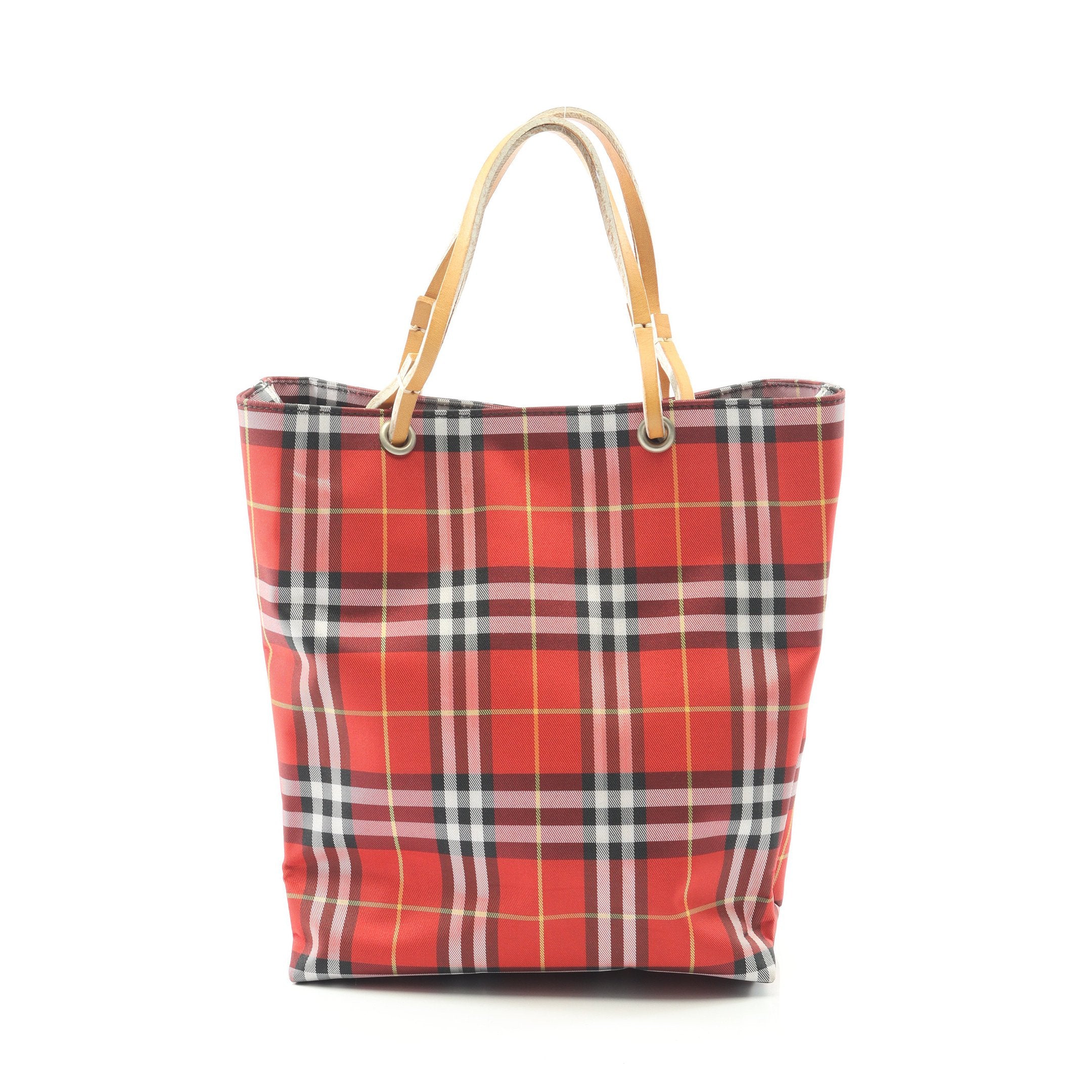 ノバチェック ハンドバッグ キャンバス レザー レッド ライトブラウン