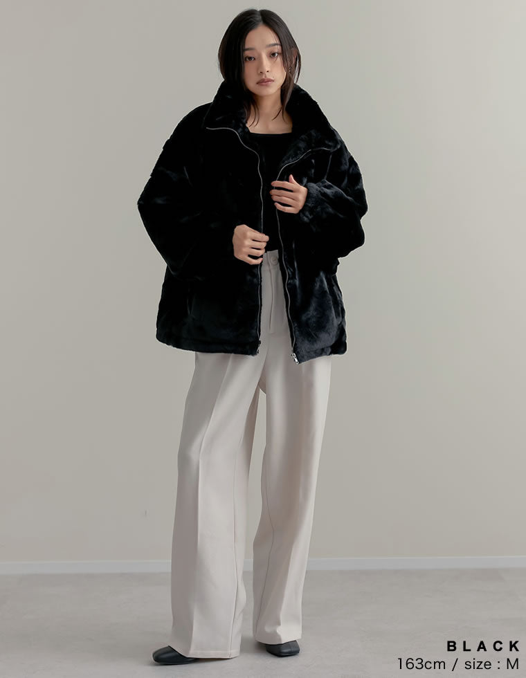 ハイネックドロスト付きフェイクファージャケット - ジャケット