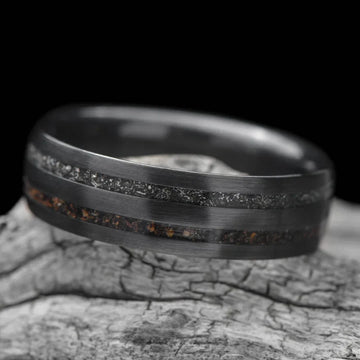 Black Titanium Men's Wedding Band with Crushed T-Rex & Meteorite