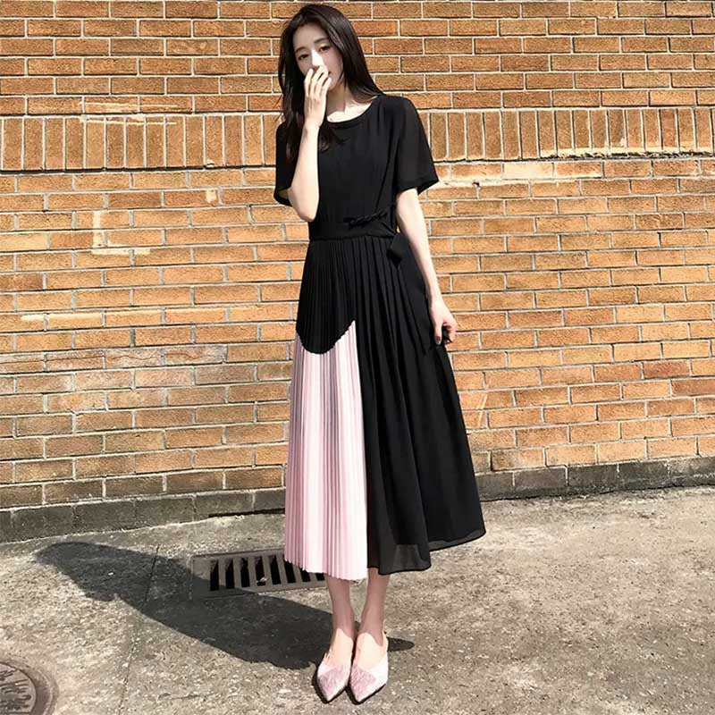 ツートンプリーツスカートワンピース（黒）春/夏 ウエストリボンで