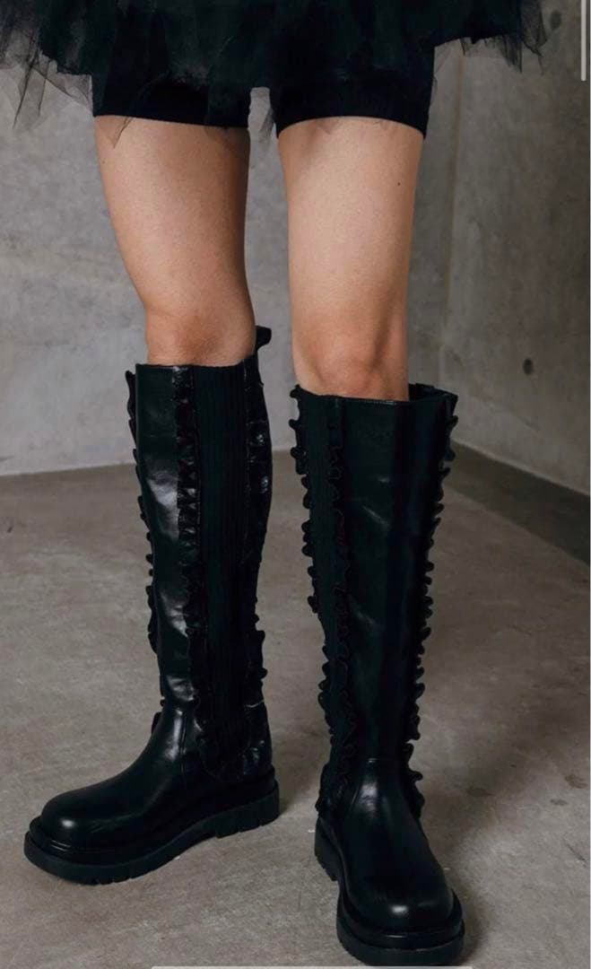 bibiy ビビィ サイドゴア ロングブーツ フリル ブラック - メルカリ