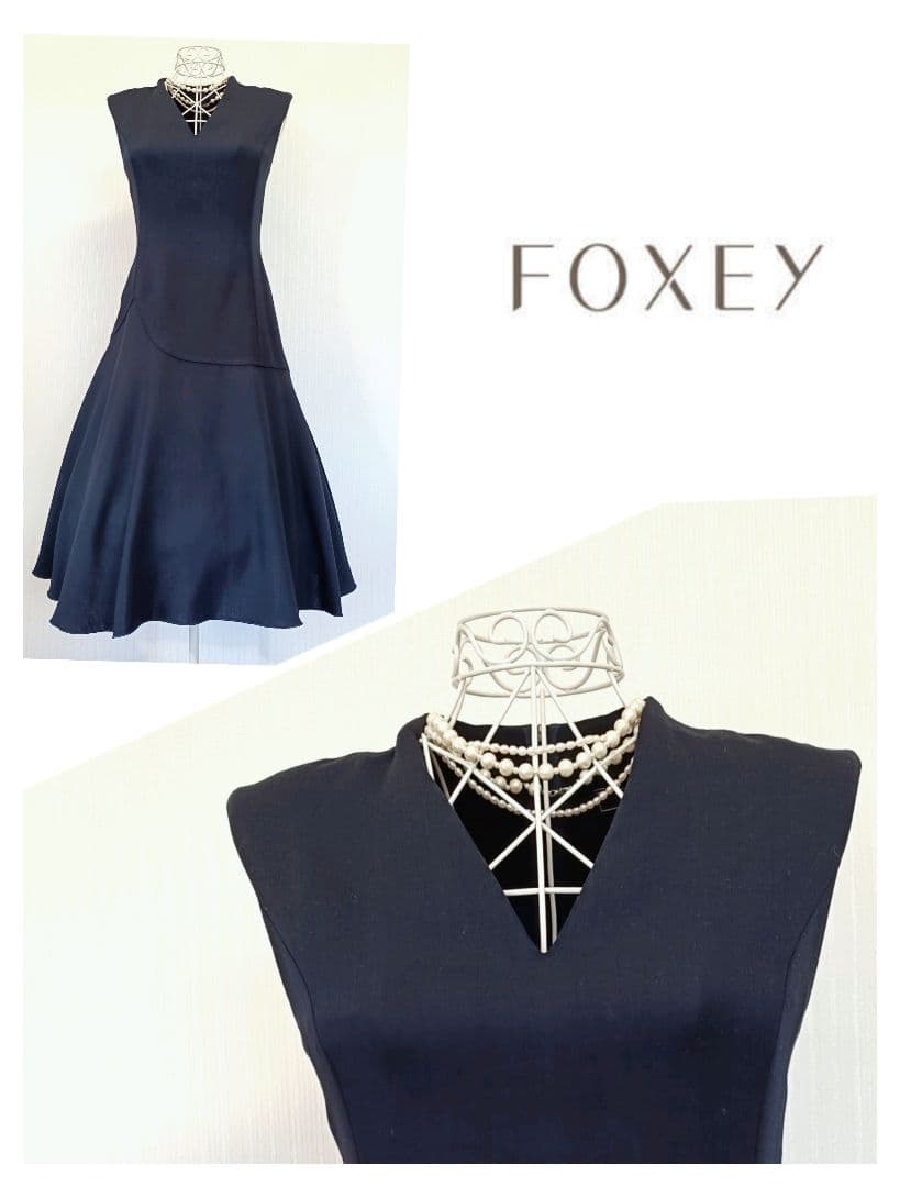 ☆FOXEYフォクシーVネックワンピースダークネイビー38☆ - メルカリ