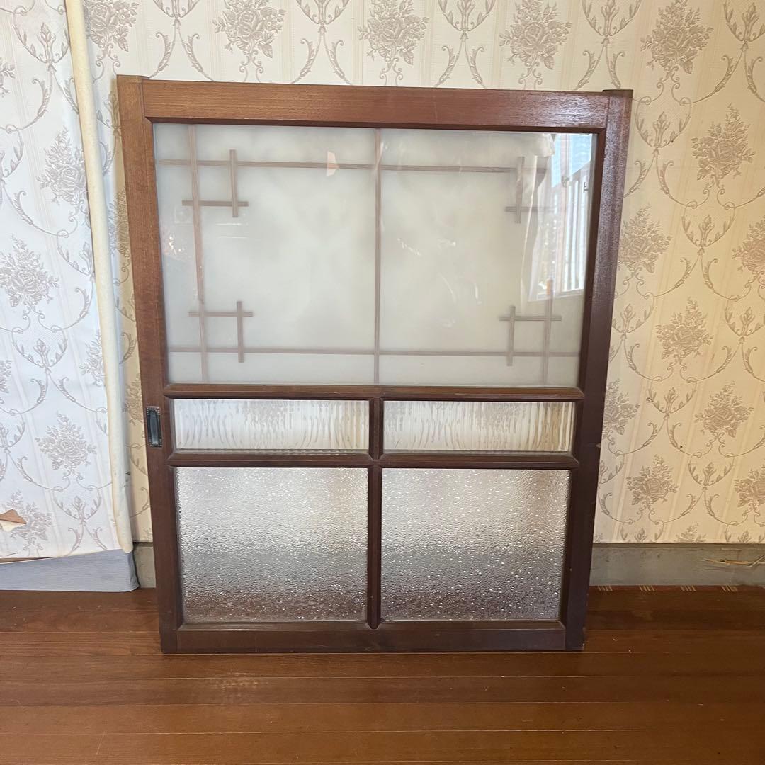 アンティーク】昭和レトロ 木製 建具 格子窓 引き戸 モールガラス 2枚
