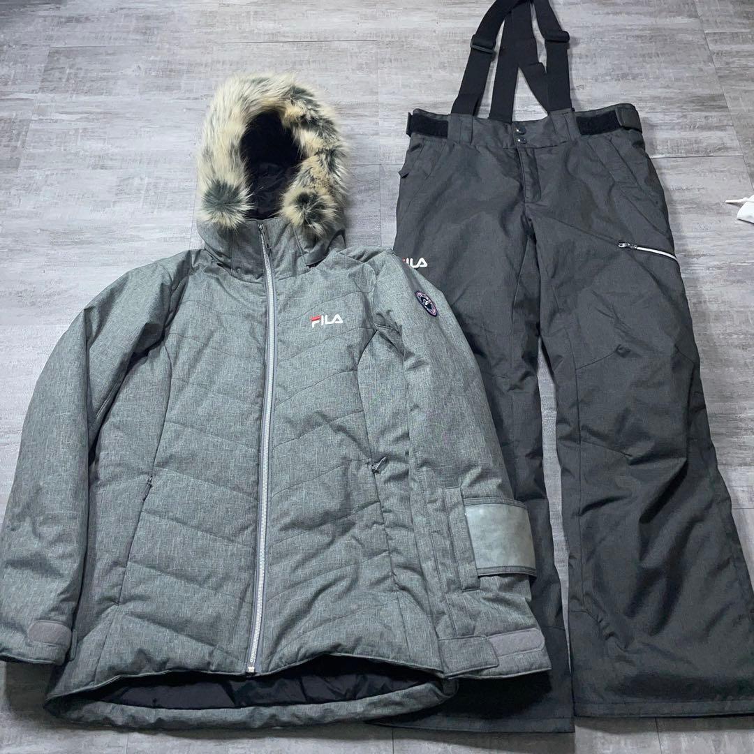 美品☆ FILA フィラ スキーウェア 上下セット レディースS グレー ファー 143720-21_01.jpg