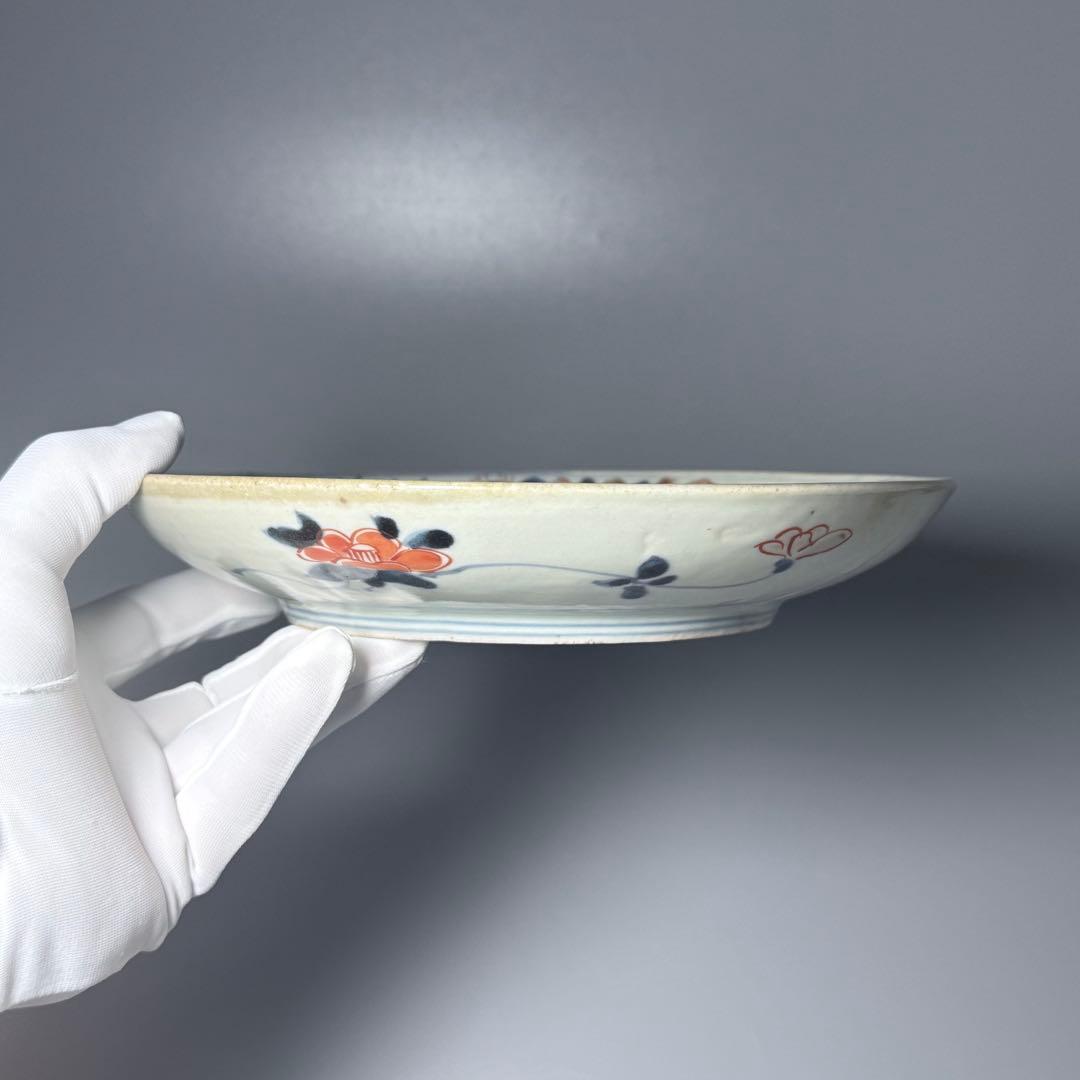 元禄伊万里 色絵花鳥図七寸皿 建築物 金蘭手 赤絵 裏椿文 状態◎ 蒐集