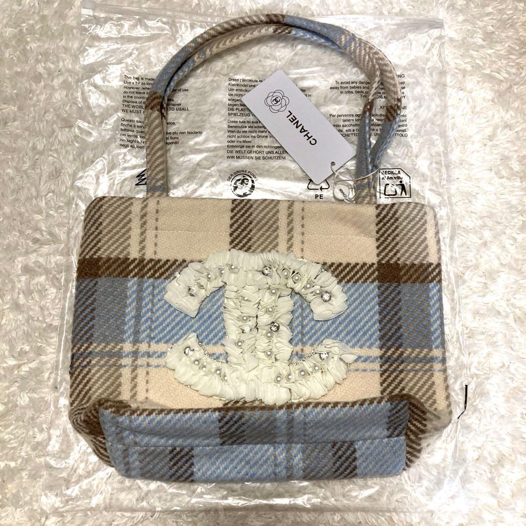 CHANEL チェック柄トートバッグ シフォン 水色 - メルカリ