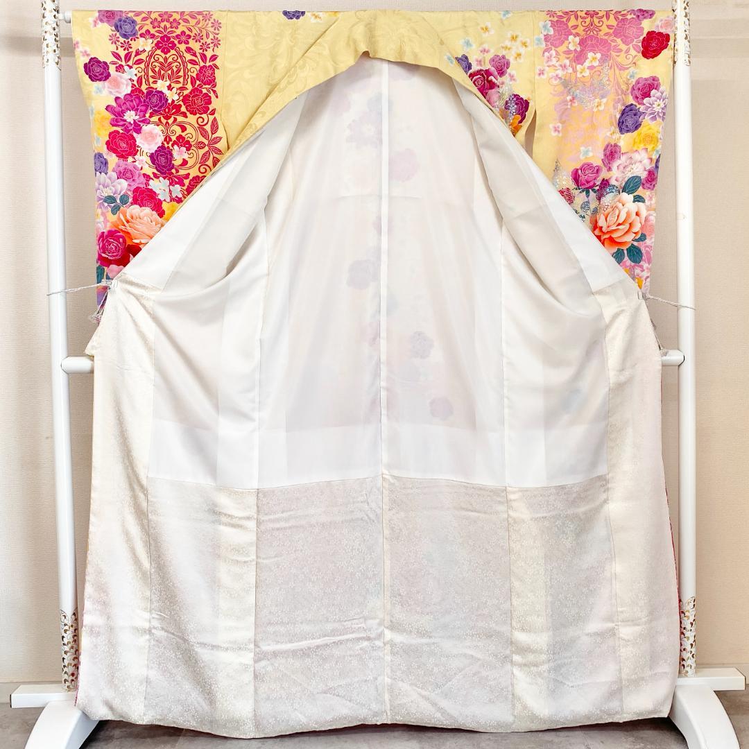 akmx187 正絹 振袖 銀通し イエロー パールトーン加工 9号 花柄