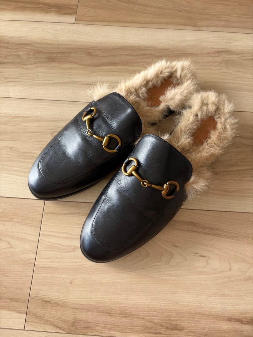 GUCCI☆ホースビット プリンスタウン ファー 39 ブラック ローファー