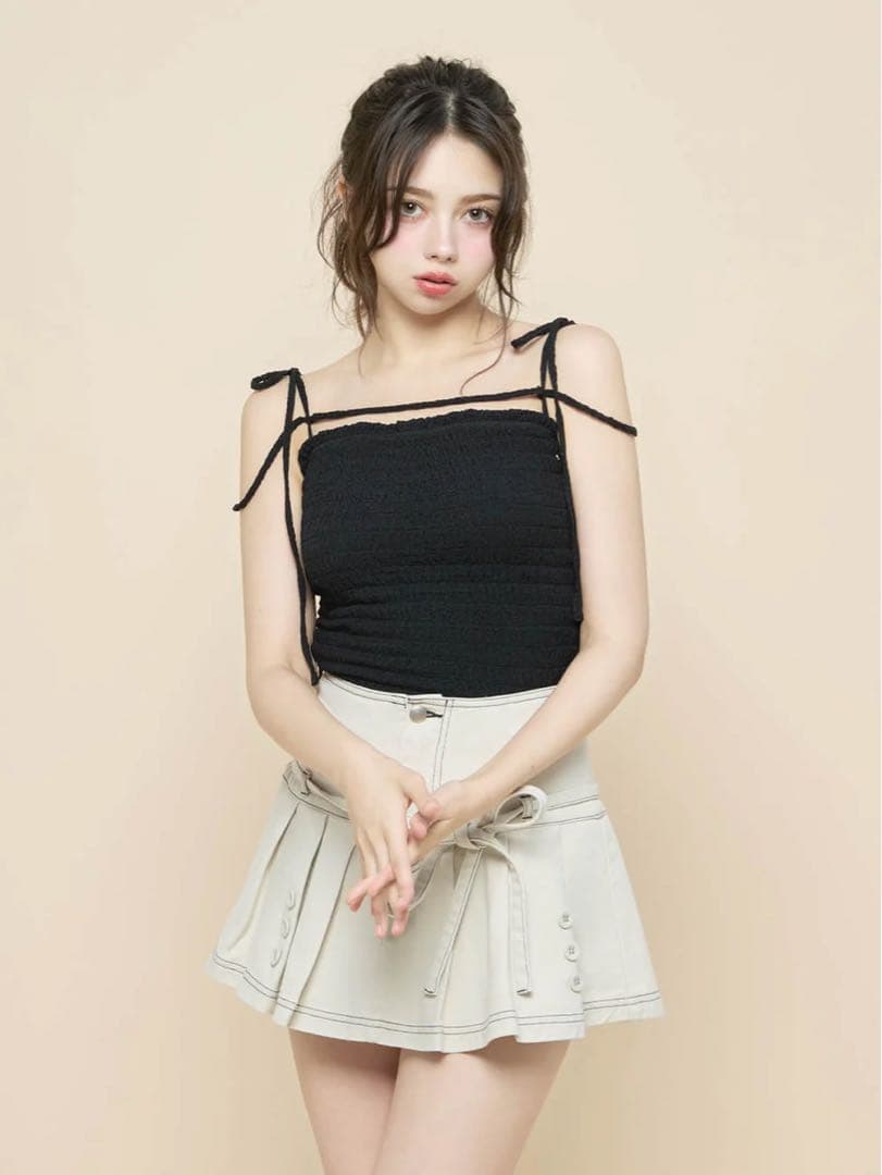 トップス andmary Shirring ribbon camisole black ANDMARY】Shirring ribbon camisole