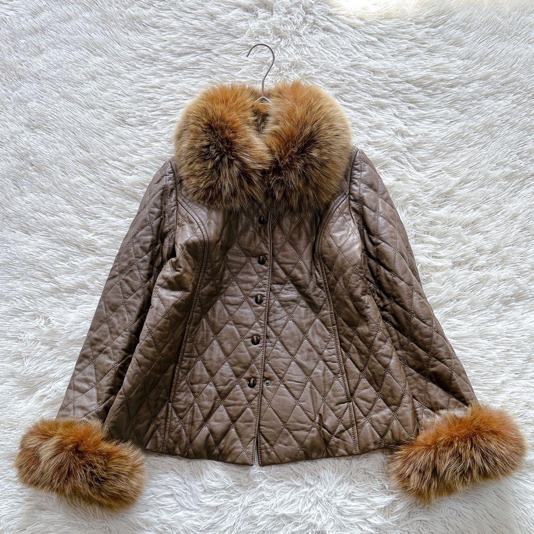 極美品】レリアン フォックスファー付きキルティングレザージャケット 9／M