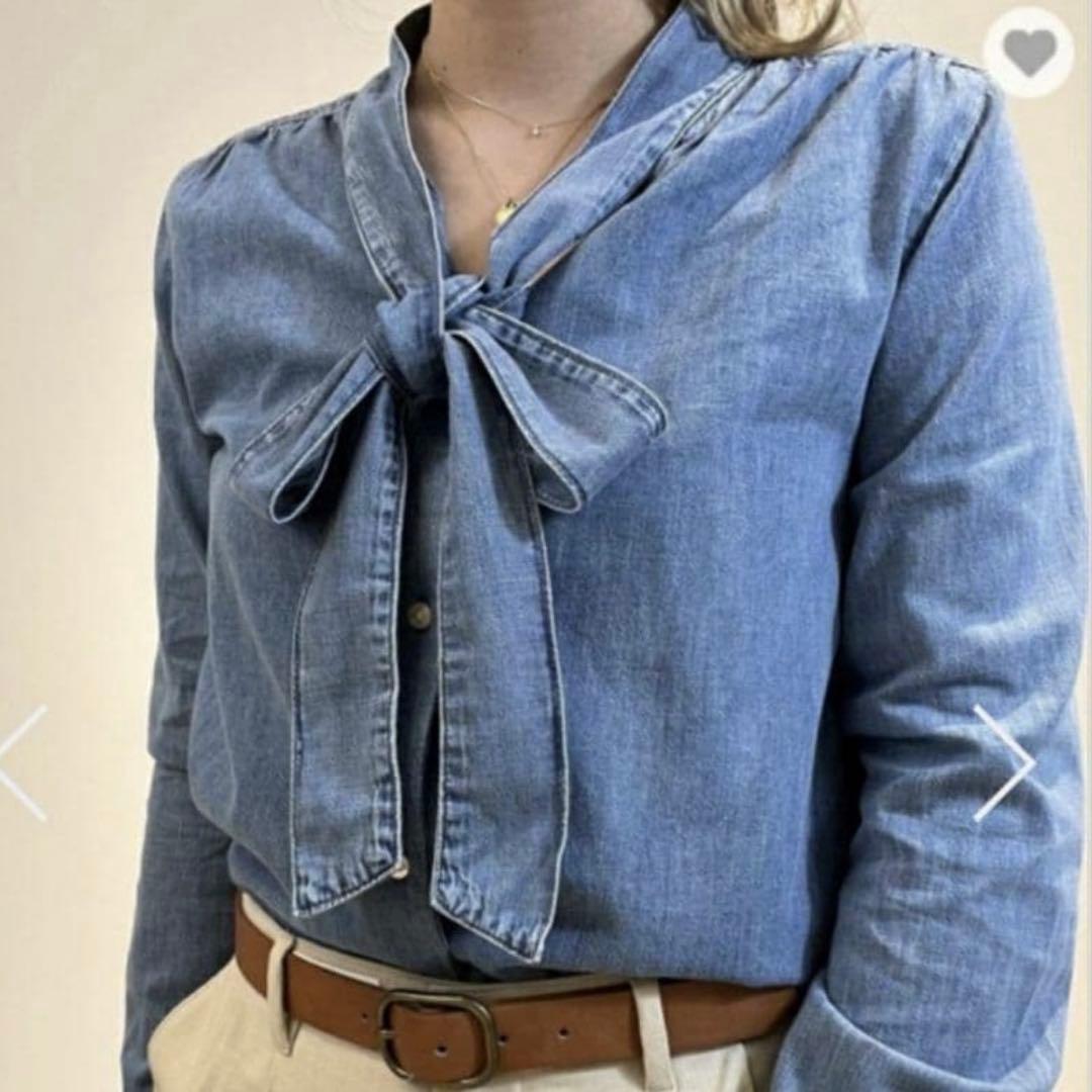 GAP ボウタイデニムシャツ ダンガリーシャツ ブラウス リボンブラウス