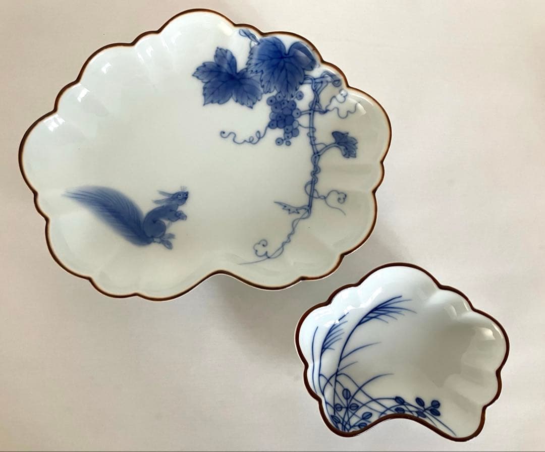 辻製磁社☆形変皿☆柄違い3セット☆リスブドウ☆