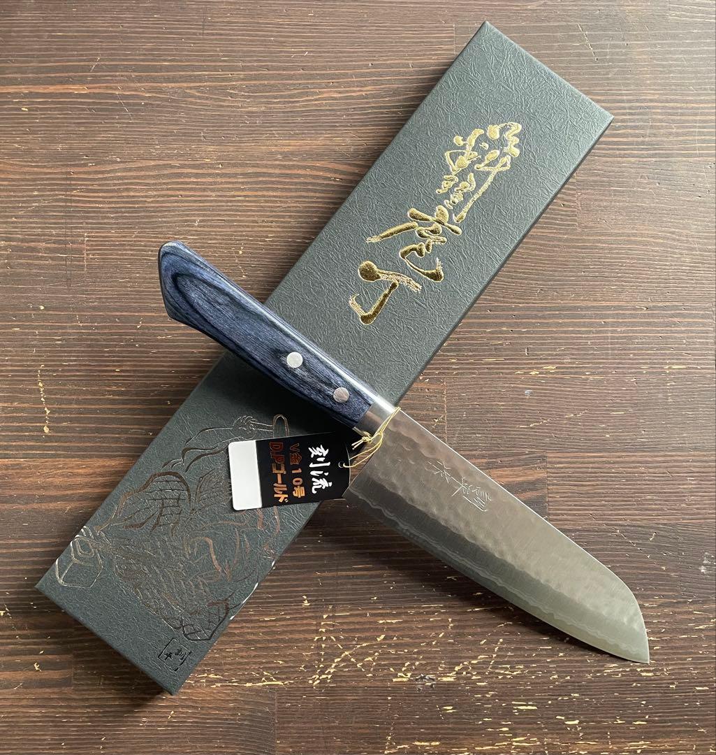 増谷刃物 訓平作 三徳包丁 VG10ステンレス 積層槌目（刻流）口金有 紺