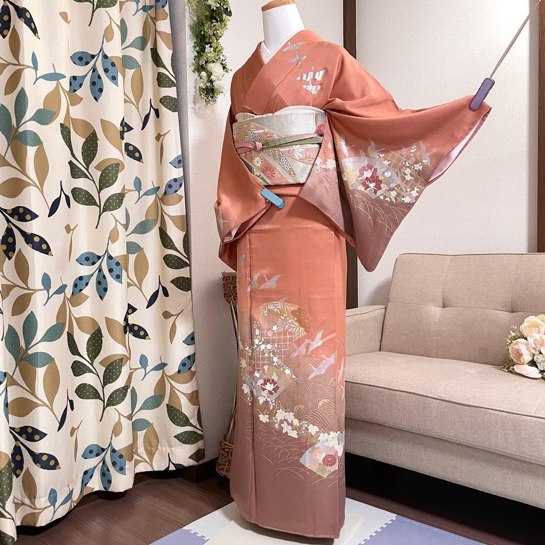 オレンジ 友禅 4点 フルセット 訪問着 入学式 卒業式 入園式 春 秋 冬