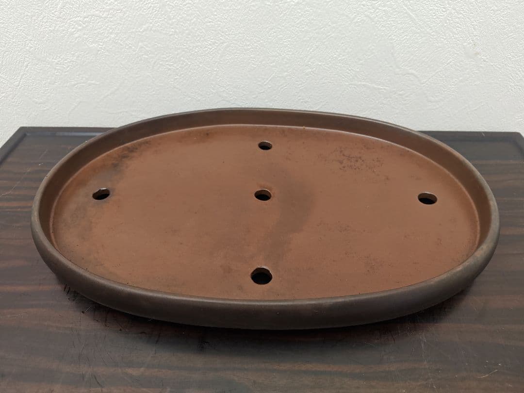 陶器製楕円形盆栽鉢 約40cm× 26cm×3.5cm　薄型・中型盆栽鉢　落款