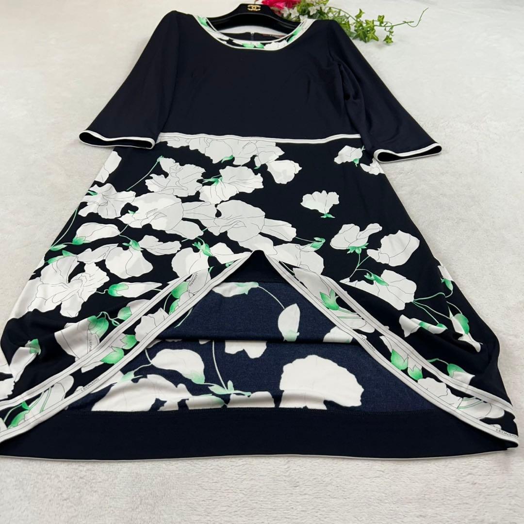 K532 美品 L レオナール カンカン素材 花柄 ひざ丈ワンピース