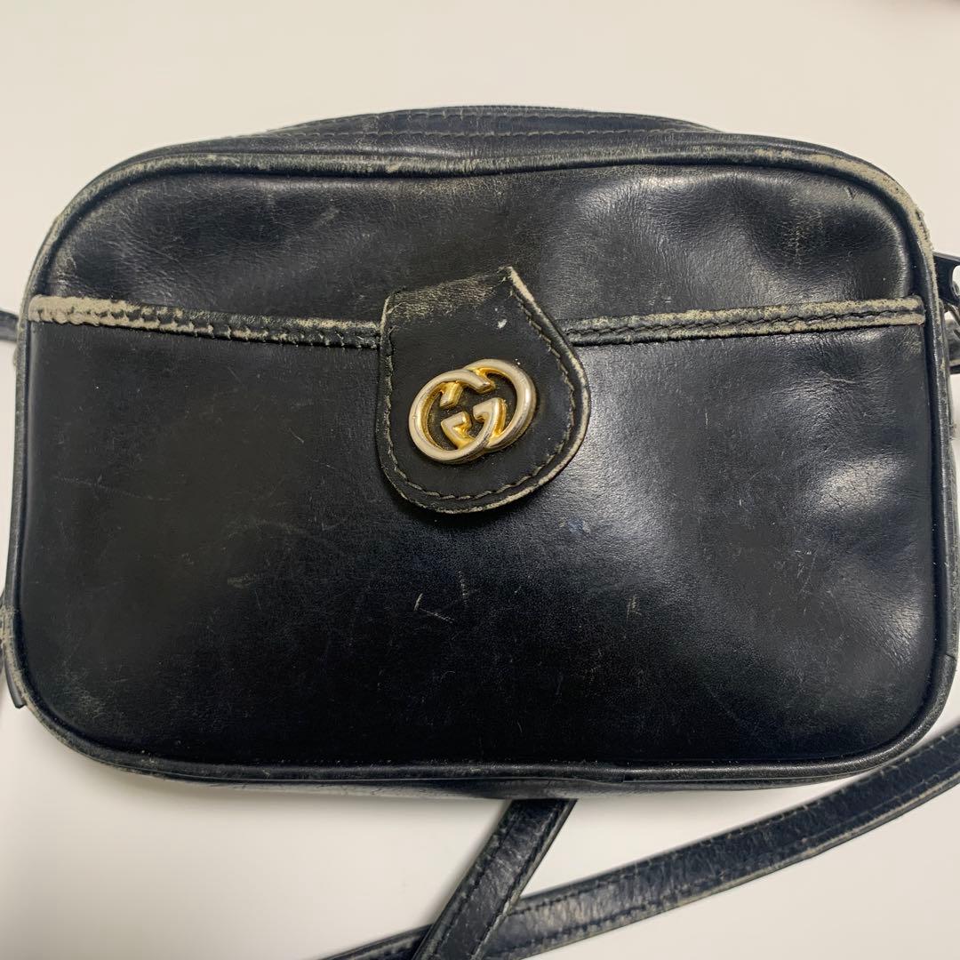 ヴィンテージ　1970年代　Gucci 黒 レザー ショルダーバッグ ヴィンテージ 1970年代 Gucci 黒 レザー ショルダーバッグ - メルカリ