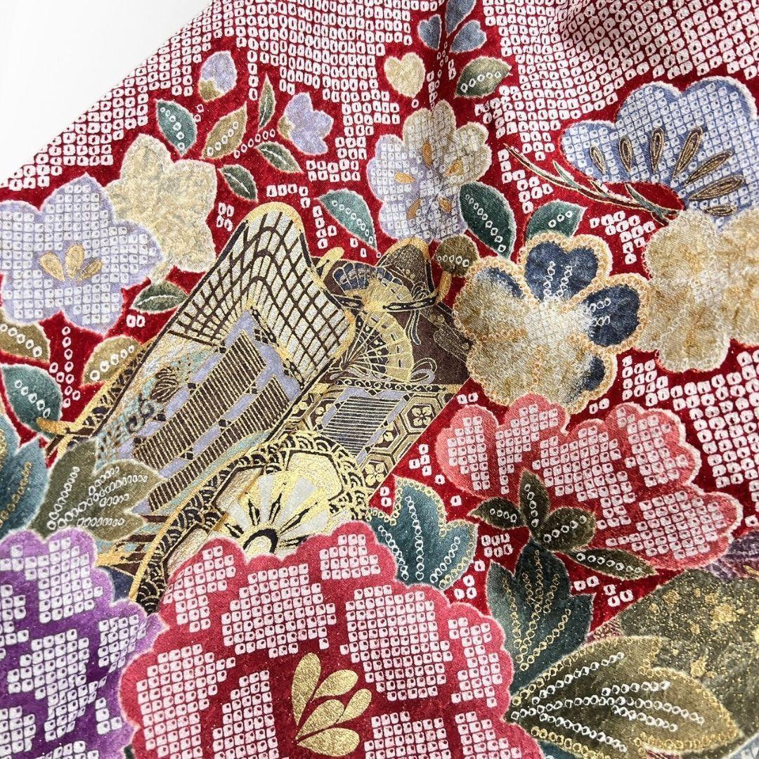 振袖 銀通し 金彩 辻ヶ花 鹿の子 牡丹 花模様 紅白 着物 121b p ms