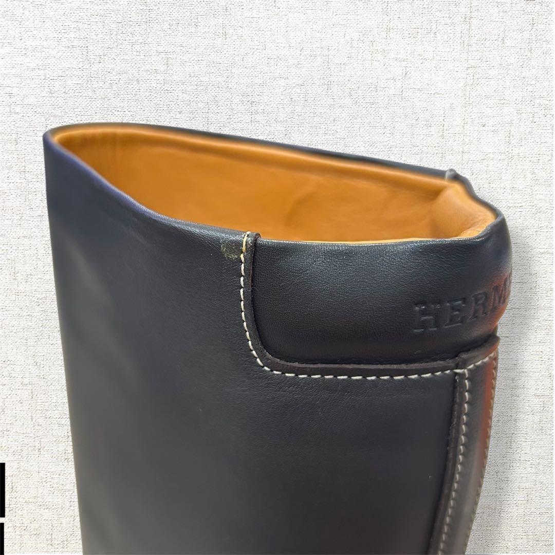未使用級 ロゴ刻印 HERMES ロングブーツ レインブーツ オールレザー 37